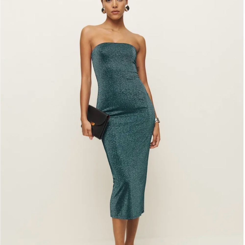 Reformation Strapless Shimmering Teal Dress
